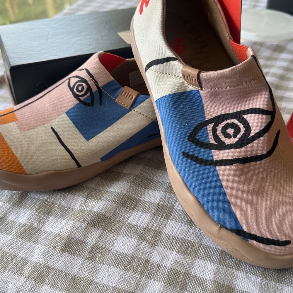 UIN.   Women’s Slip-On Sneakers in Blue, Pink & Orange with Playful Face Art - Picture 2 of 6